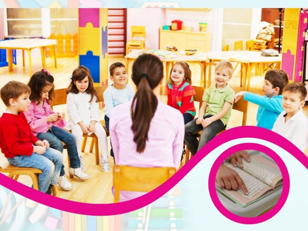 Best age to learn Arabic – preschoolers in a group Arabic lesson, including Quran recitation for language development.